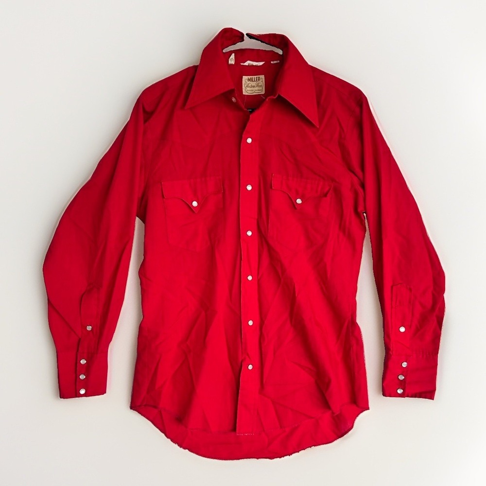 VTG 70s BRIGHT RED Miller Western Wear Pearl Snap Rodeo Shirt Mens 15-32 S/M